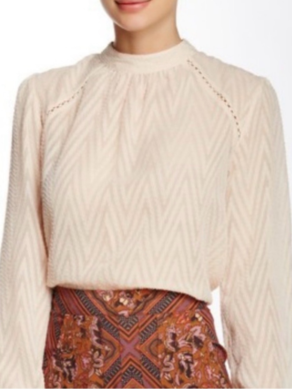 Free People Pale Blush Chevron-Textured Long Sleeve Blouse